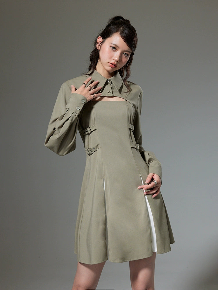 Short Length Long Sleeve Shirt & Pleated Camisole Dress Setup NA5357