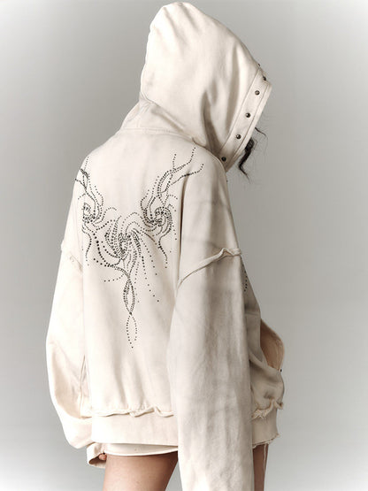 Washed Damage Oversize Zipper Hoodie & Short Skirt & Wide Leg Pants Setup NA8911