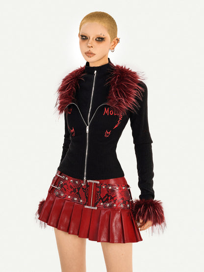 Fake Layered Double Zipper Flame Fake Fur Collar Knit Cardigan NA8601