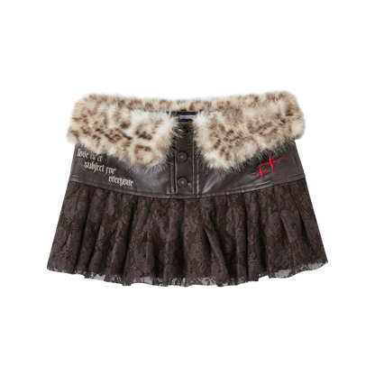 Fake Fur Panel Lace Pleats Short Skirt NA9225