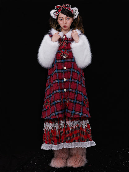 Checkred Lace Patchwork Hooded Wool Coat NA6508