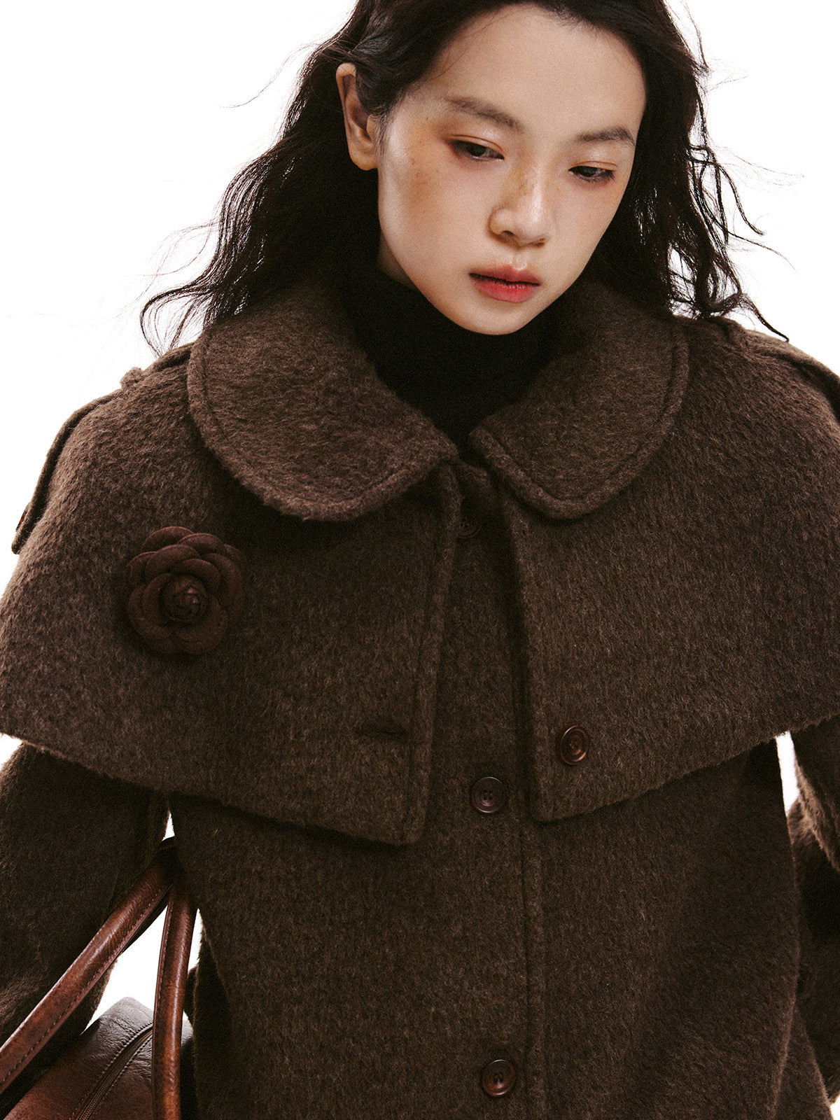 Cape Collar & Flower Detail Belted Coat NA8864