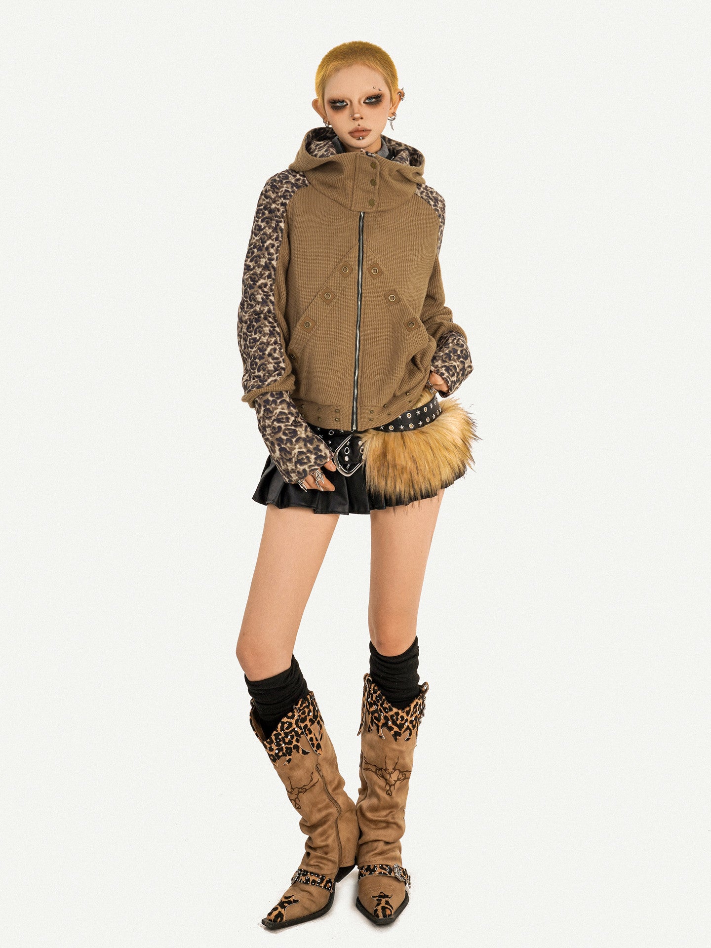 Leopard Patchwork Utility Hooded Jacket NA8628