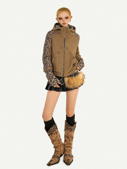 Leopard Patchwork Utility Hooded Jacket NA8628