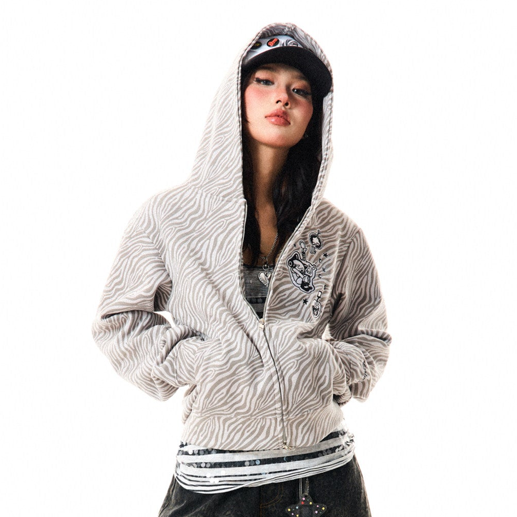 Zebra Print Graphic Zip-Up Hoodie NA9395