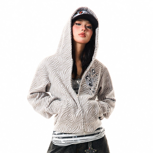 Zebra Print Graphic Zip-Up Hoodie NA9395