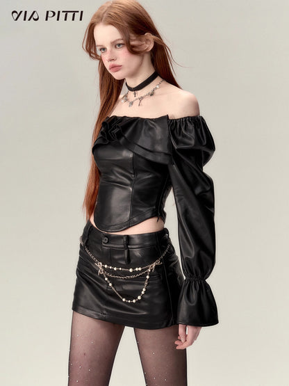 Bubble Sleeve One Shoulder Leather Blouse & Short Skirt  Setup NA4785