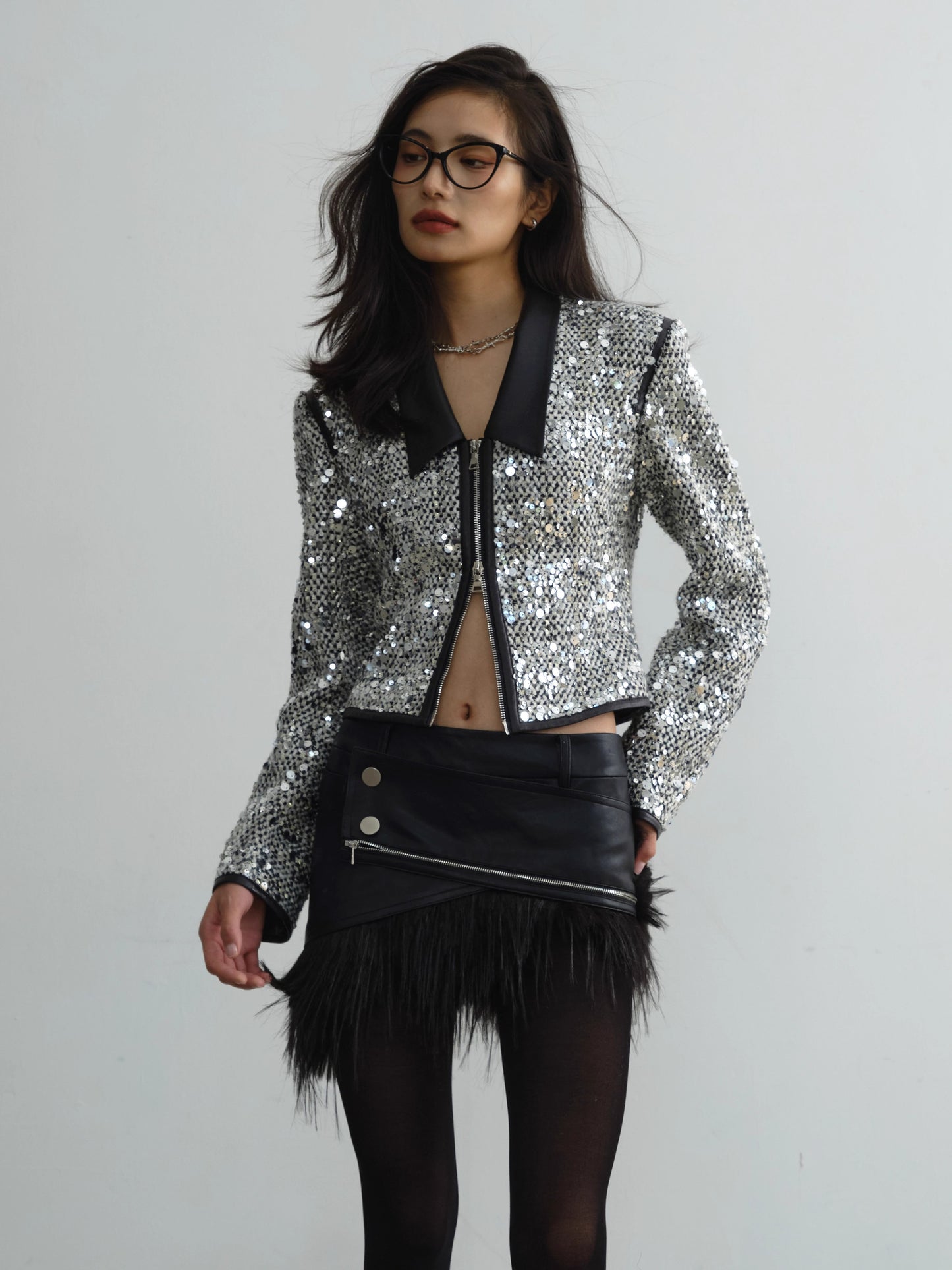 Sequin Cropped Zipper Jacket NA5165