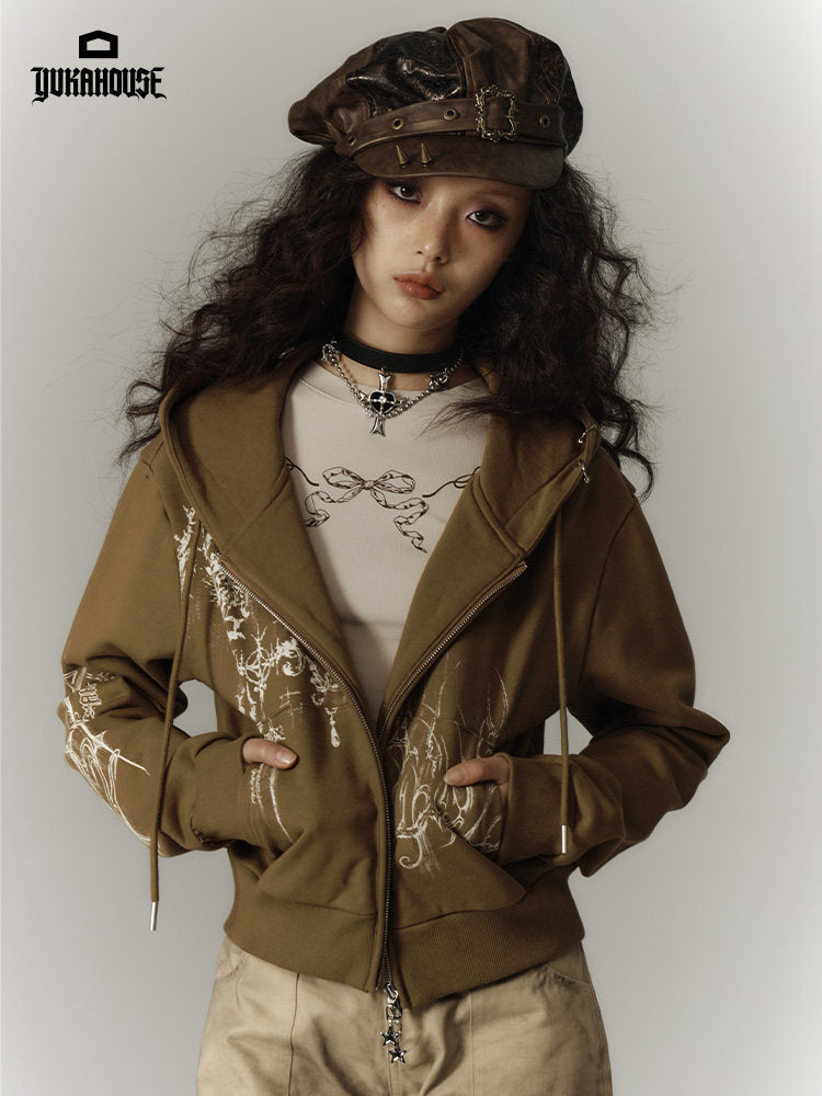 Cropped Graphic Print Zipper Hoodie NA8895