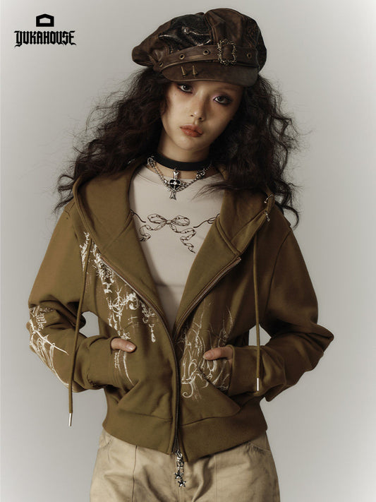 Cropped Graphic Print Zipper Hoodie NA8895