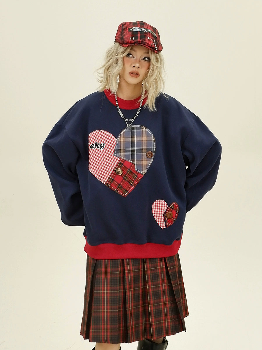 Plaid Heart Design Round Neck Sweatshirt NA6361