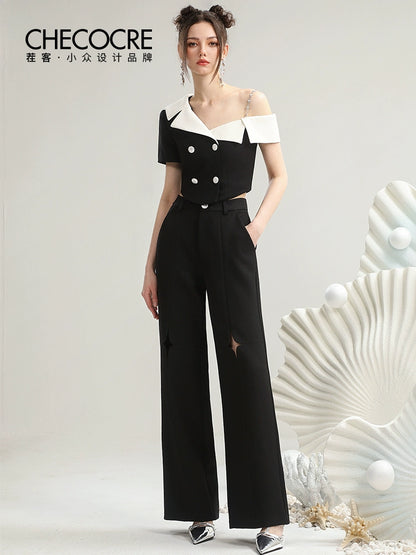 Contrast Color Collar Slanted Shoulder Shirt & Wide-Leg Trousers NA5466