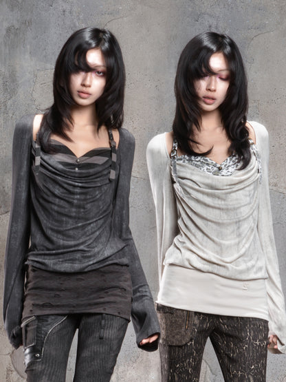 Fake Two-Piece Draped Pleated Mid- Length Slimming Long Sleeve T-Shirts NA8357