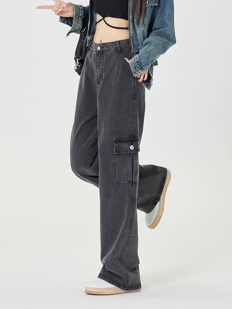 Washed Wide-Leg Straight Cargo Denim Jeans NA3516