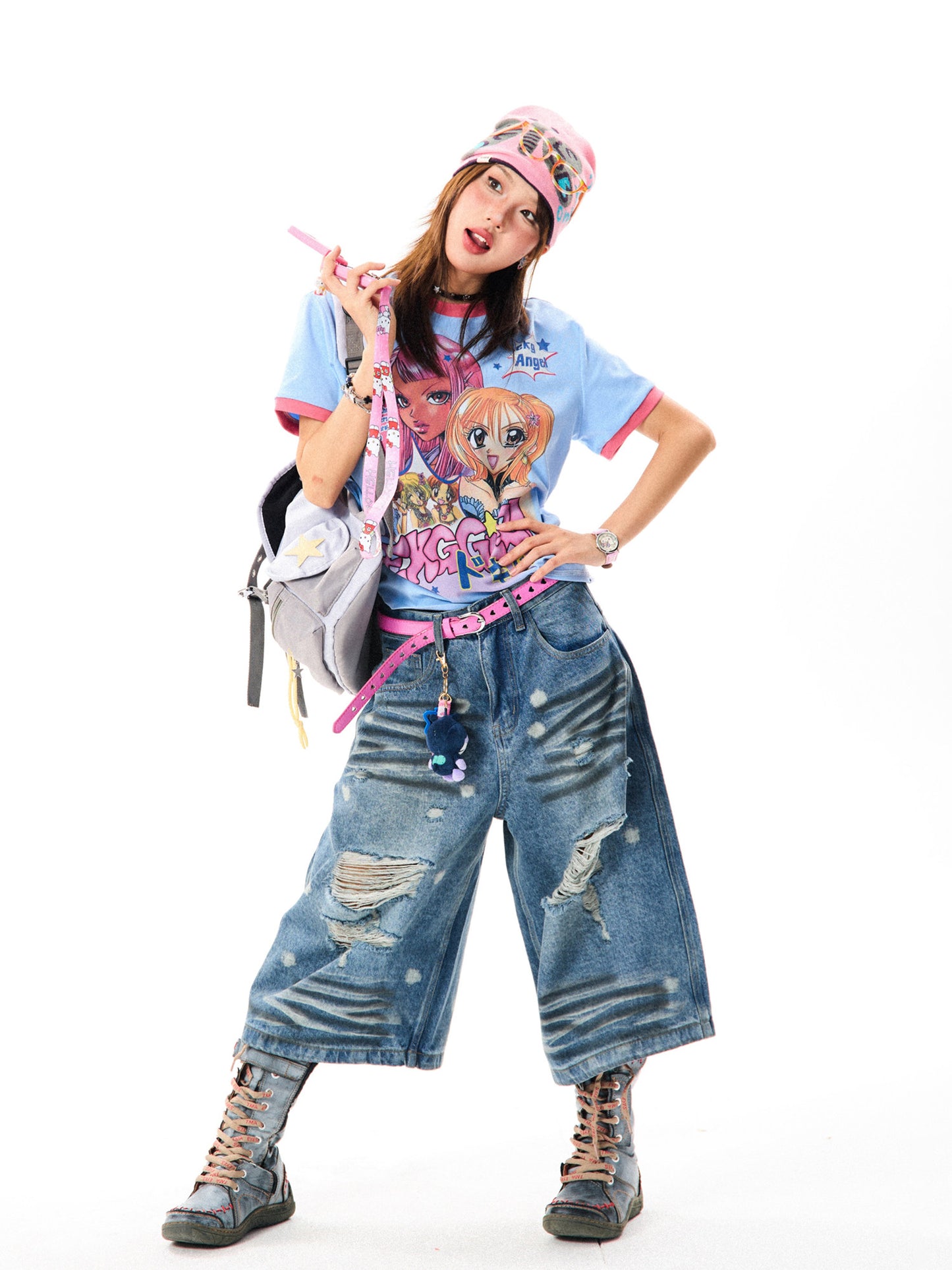 Girl Illustration Print Contrast Short Sleeve T-Shirt NS9322