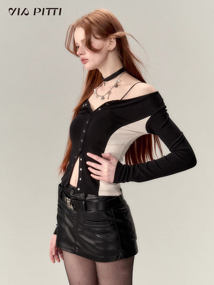 Waist Button One Shoulder Long Sleeve Top NA4651