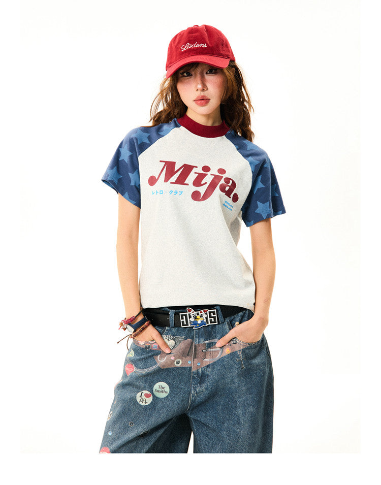 Raglan Sleeve Letter Print Fitted Short Sleeve T-Shirt NA9386