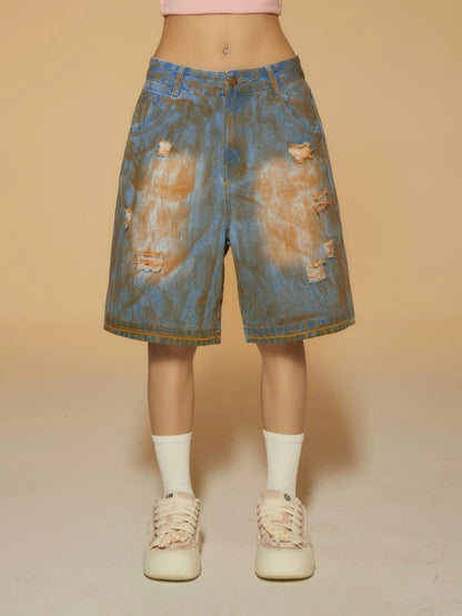 Washed Wide-Leg Straight Denim Short Pants NA3689