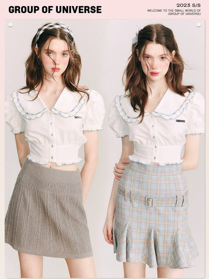 Ruffle Collar Cropped Bubble Sleeves Shirt NA5874