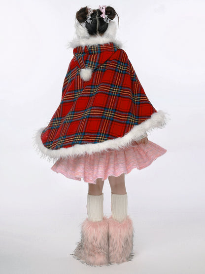 Plaid Wool Hooded Cape Jacket NA6527