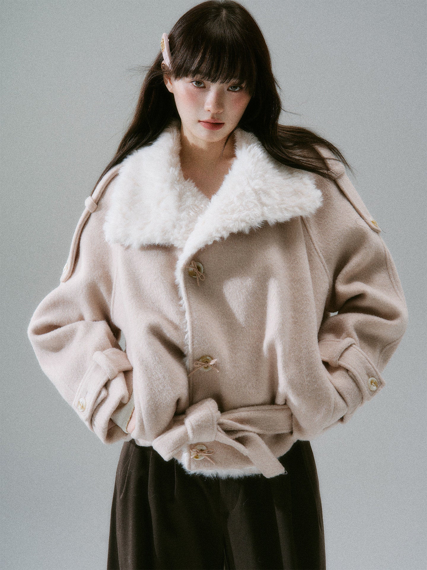 Fake Fur Collar Belted Jacket NA8844