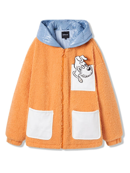 PU Patchwork Cartoon Sherpa Hooded Padded Jacket NA6743