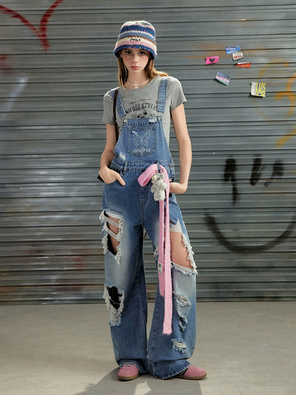 Damaged Oversize Denim Overalls NA3491