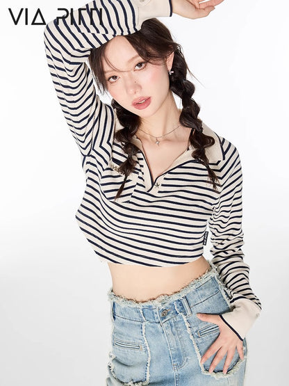 Striped Polo Collar Cropped Long Sleeve T-shirt NA4992