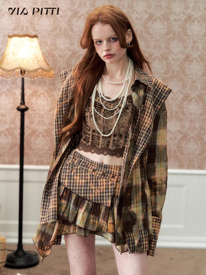 Oversize Plaid Long Sleeve Shirt & Short Skirt & Scarf Setup NA5095