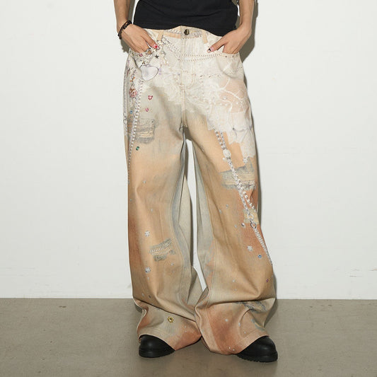 Digital Hand-Drawn Print Wide Leg Denim Jeans NA9112