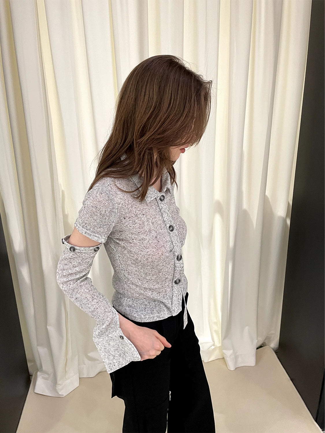 Sheer Detachable Sleeve Polo Knit Cardigan NA5950