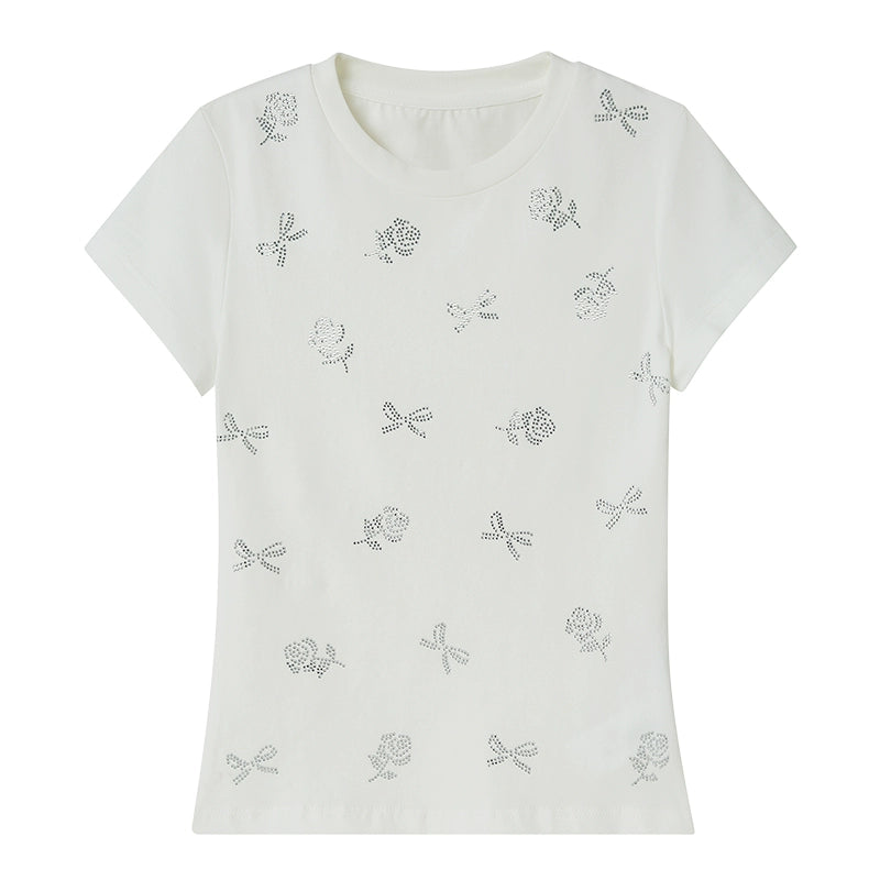 Bow and Flower Hot Stamp Slim Fit Short Sleeve T-shirt  NA5423