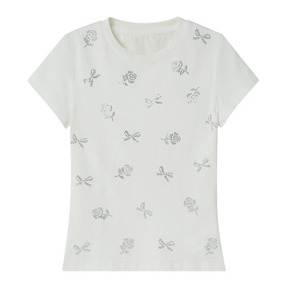 Bow and Flower Hot Stamp Slim Fit Short Sleeve T-shirt  NA5423