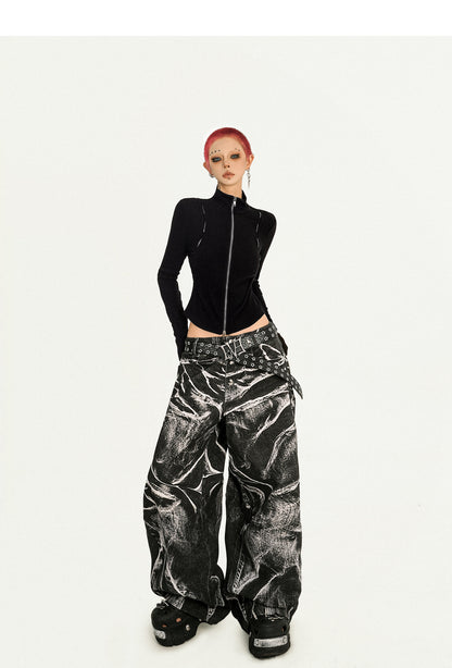 Ripple Pattern Design Wide Leg Denim Jeans NA8593