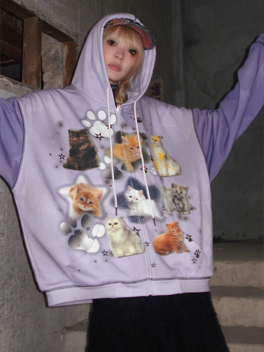 Cat Print Zipper Hoodie NA6620