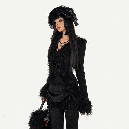Fur Decor V-Neck Tie Knit Cardigan NA8598
