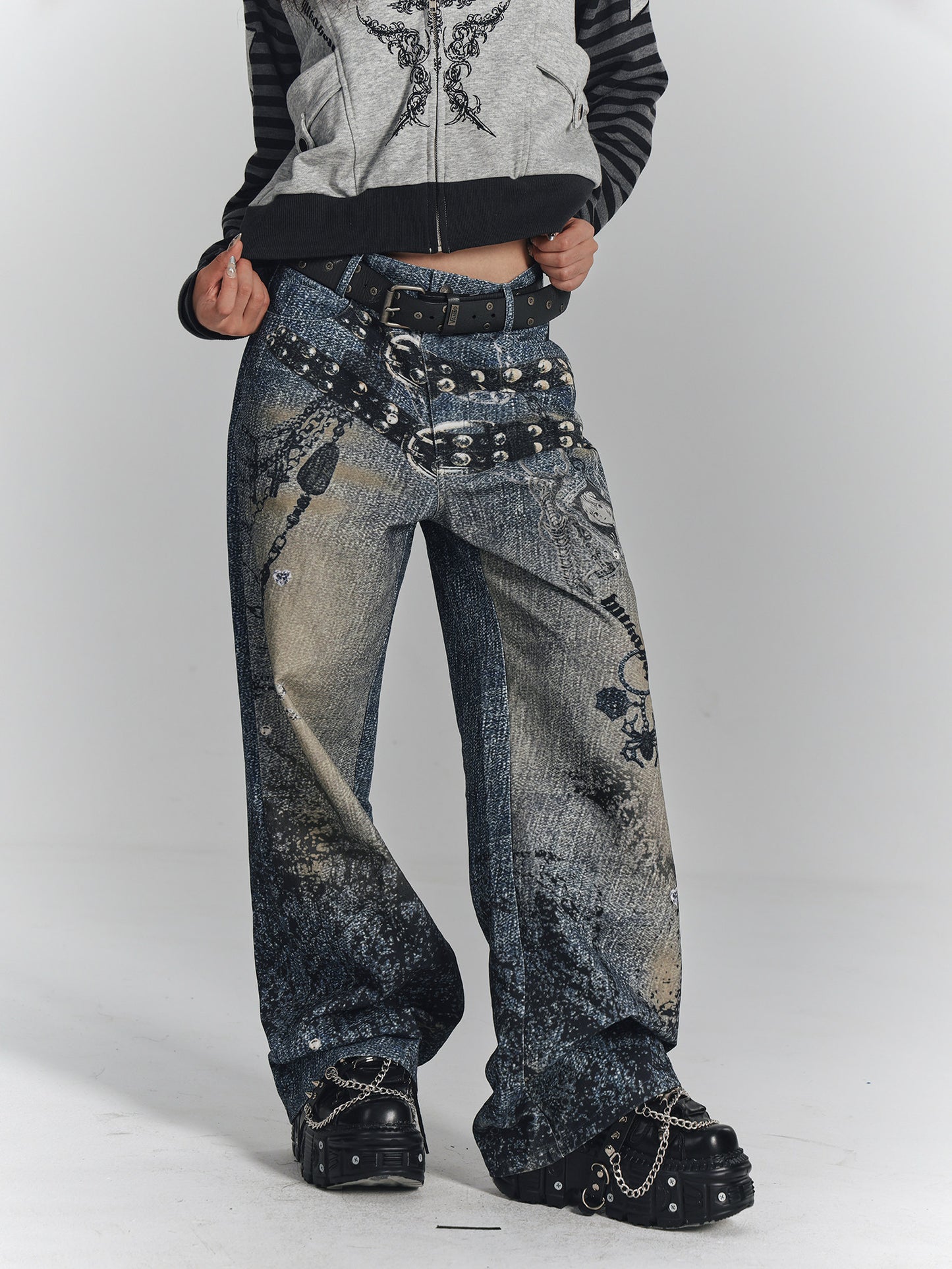 Chain Design Wide Leg Straight Denim Jeans NA8896