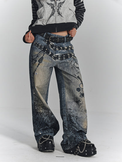 Chain Design Wide Leg Straight Denim Jeans NA8896