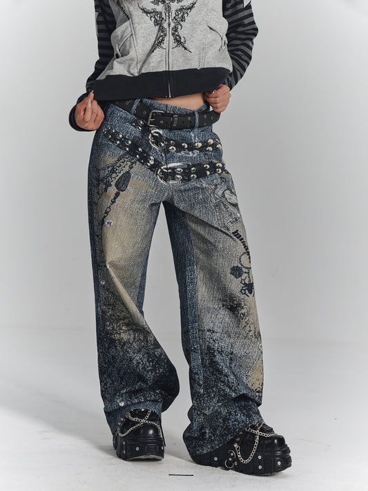 Chain Design Wide Leg Straight Denim Jeans NA8896