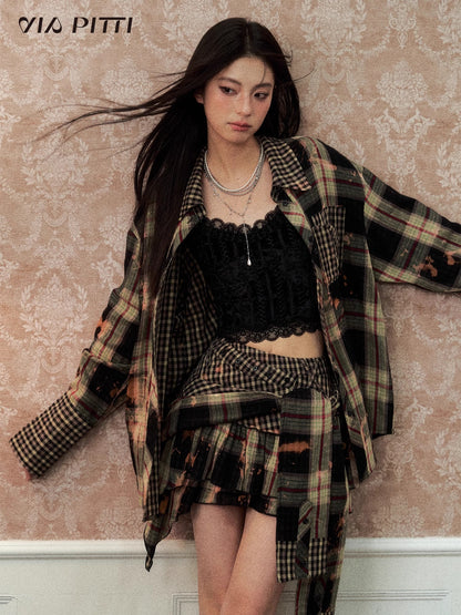 Oversize Plaid Long Sleeve Shirt & Short Skirt & Scarf Setup NA5095