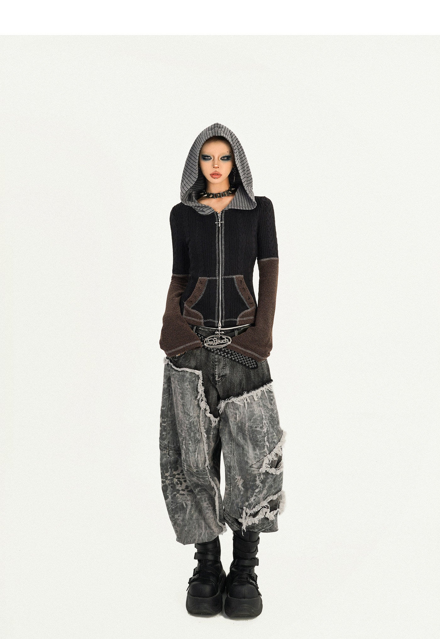 Hooded Zipper Fitted Knit Cardigan NA8572