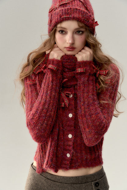 Bow Knit Cardigan & Bow Knit Hat & Knit Scarf NA4698