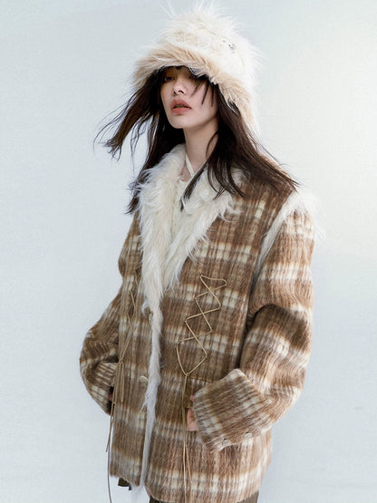 Fake Fur Plaid Woolen Jacket NA5992