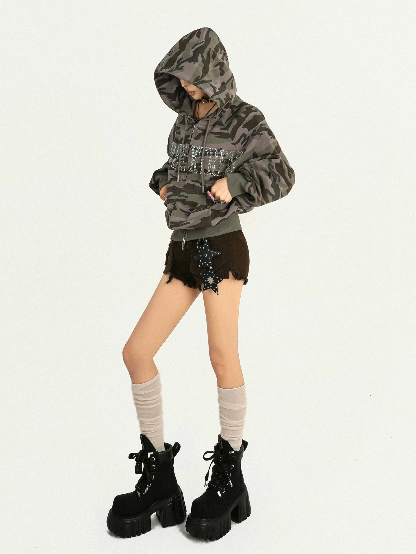 NA8615 Nico Molly American Vintage Camouflage Hooded Sweatshirt Women's Hot Diamond Letter Loose Hiphop Fall Coat NA8615