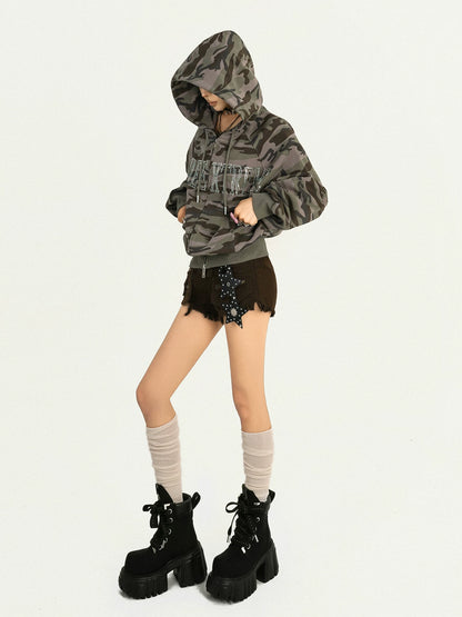 NA8615 Nico Molly American Vintage Camouflage Hooded Sweatshirt Women's Hot Diamond Letter Loose Hiphop Fall Coat NA8615