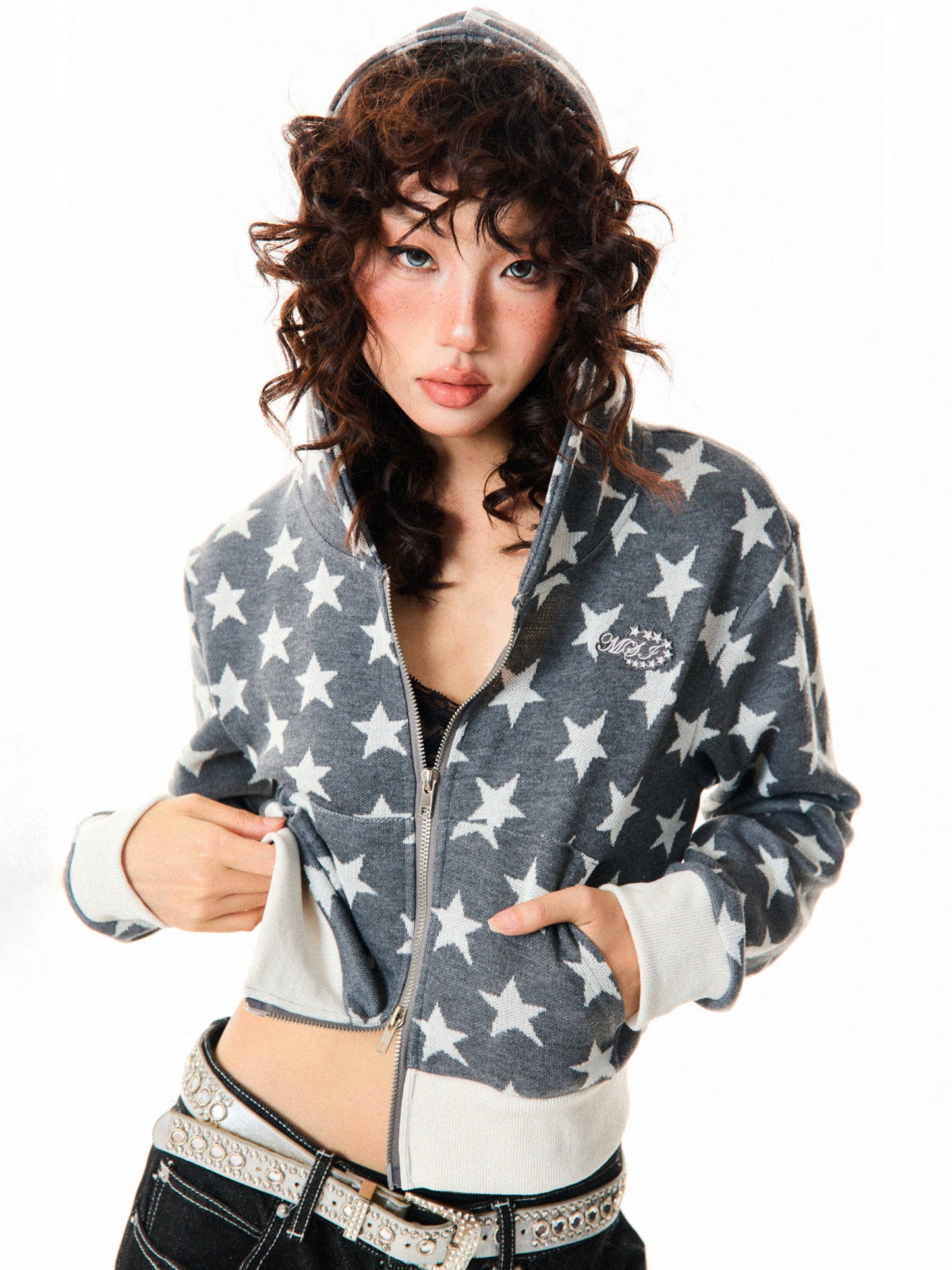 Star Print Cropped Zip-Up Hoodie NA9405