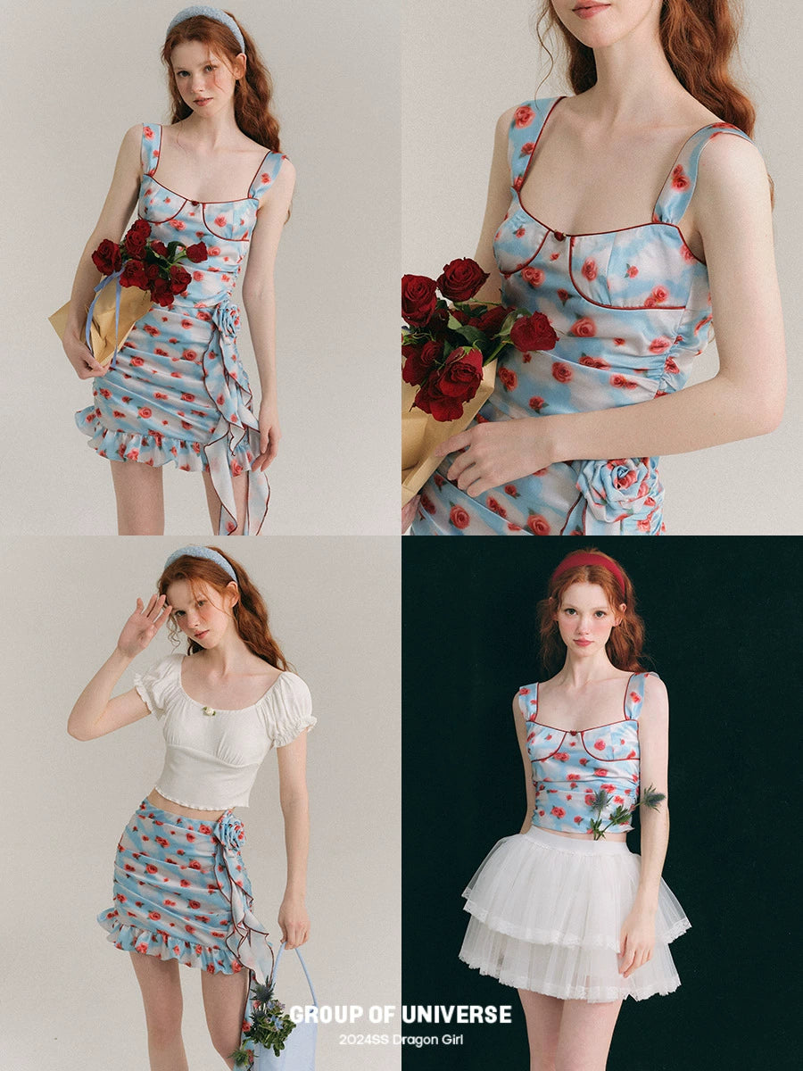 Hand Painted Rose Floral Camisole & Short Skirt Setup NA5921