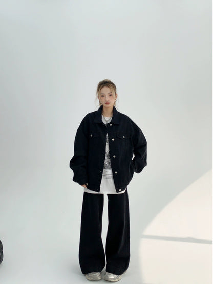 Oversize Embroidery Denim Jacket & WIde-leg Denim Jeans Setup NA2838