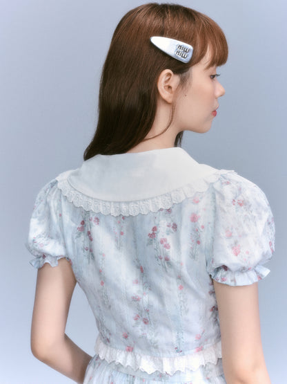 Floral-Print Blouse & Lace Trim Flared Skirt Setup NA8827