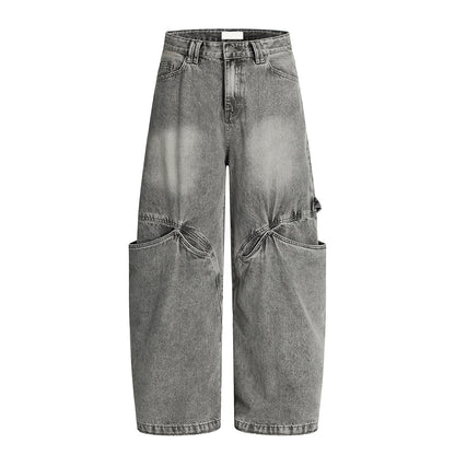 Washed Panel Cargo Pocket Wide Leg Denim Jeans NA9108